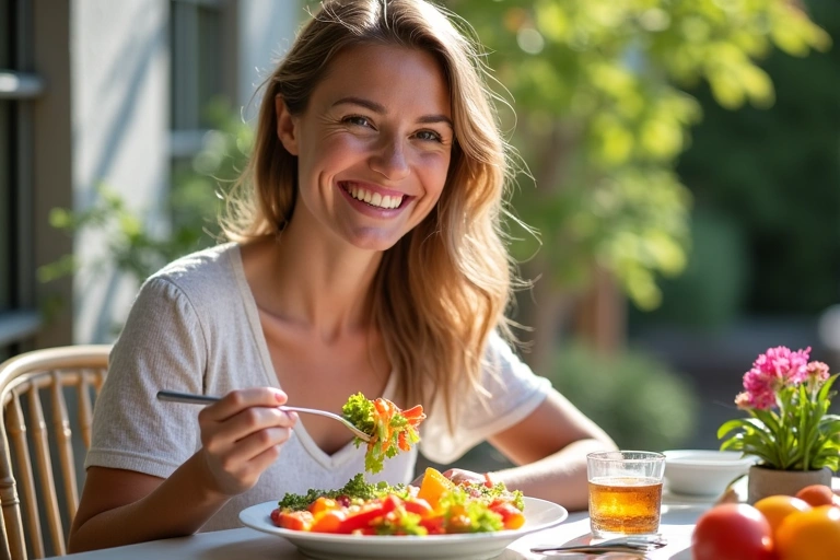A person enjoying a healthy meal outdoors, smiling and looking relaxed.