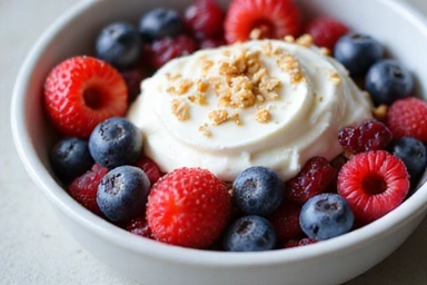 A bowl of fresh berries and yogurt, representing a healthy breakfast