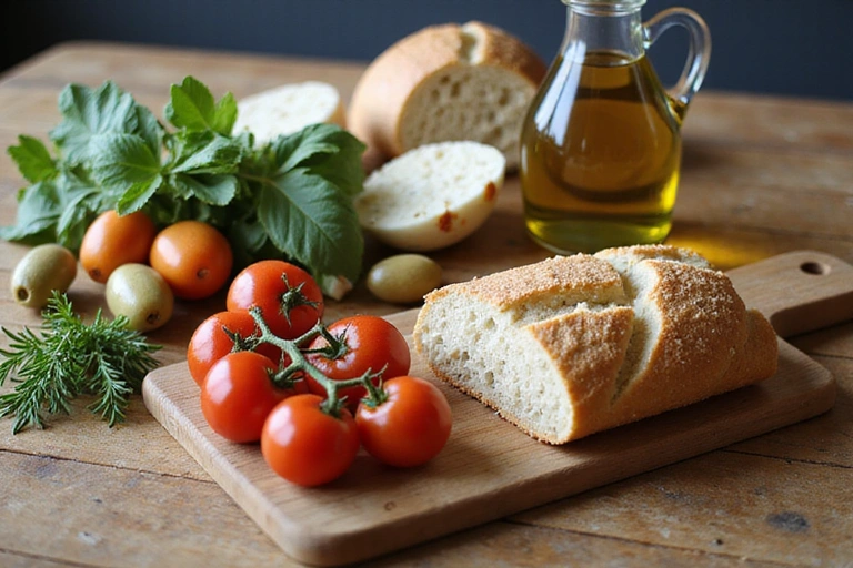 A colorful spread of Mediterranean diet foods including olives, tomatoes, whole-grain bread, and olive oil.
