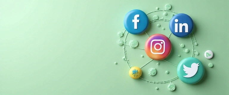 Social media icons floating over a green background