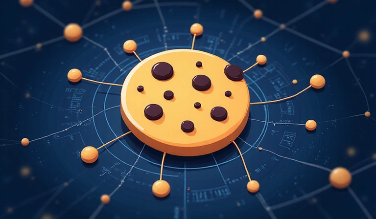 Illustration of a cookie icon with digital data flowing around it, representing website tracking and user data.