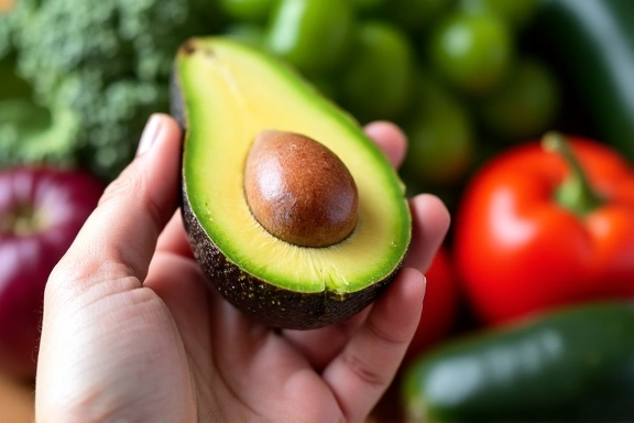 A hand holding a ripe avocado, representing healthy fats and superfoods.