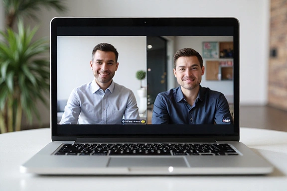 Two people having a video call on a laptop screen, showing Zoom or Google Meet interface